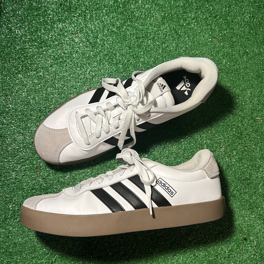 Adidas White and Black Sneakers with Tan Sole